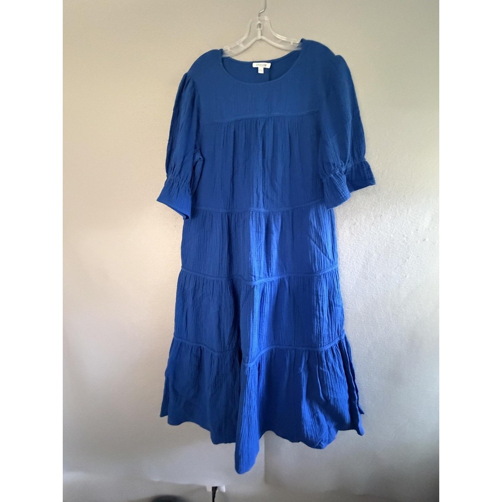 Chico's Dress Womens 2 Blue Gauze Scoop Neck 3/4 Puff Sleeve Tiered Midi